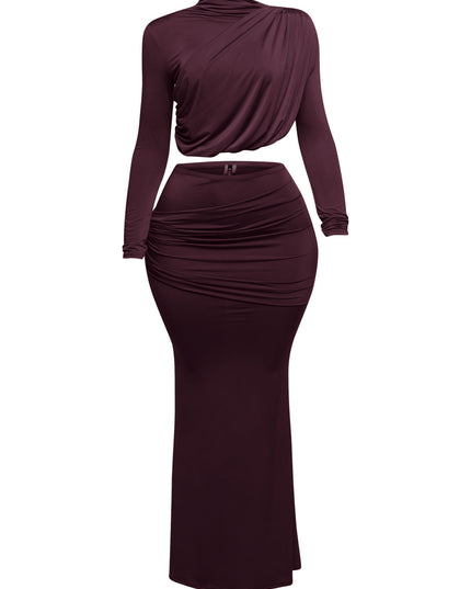 Shirring detailed long sleeve top & long skirt set - Muvin 