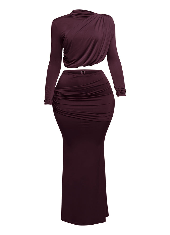 Shirring detailed long sleeve top & long skirt set - Muvin 