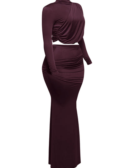 Shirring detailed long sleeve top & long skirt set - Muvin 