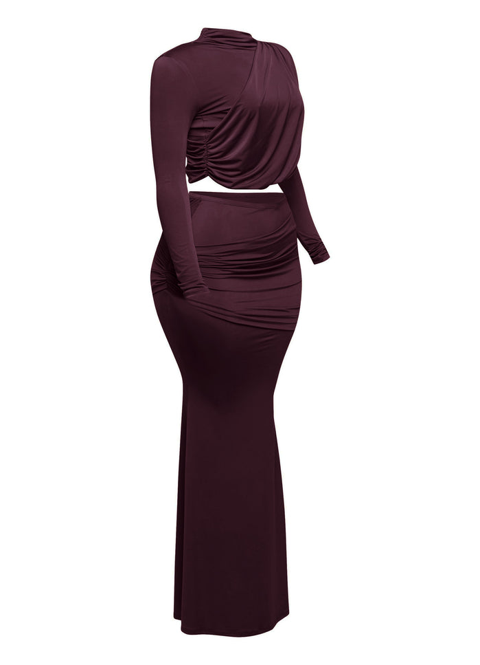 Shirring detailed long sleeve top & long skirt set - Muvin 