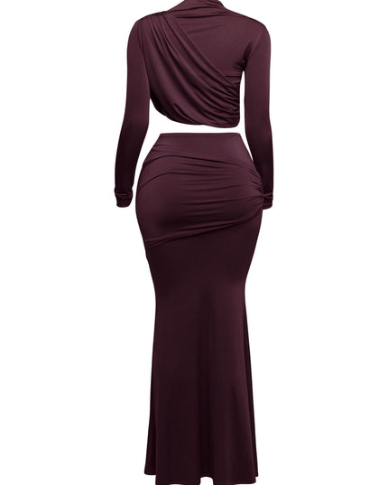 Shirring detailed long sleeve top & long skirt set - Muvin 
