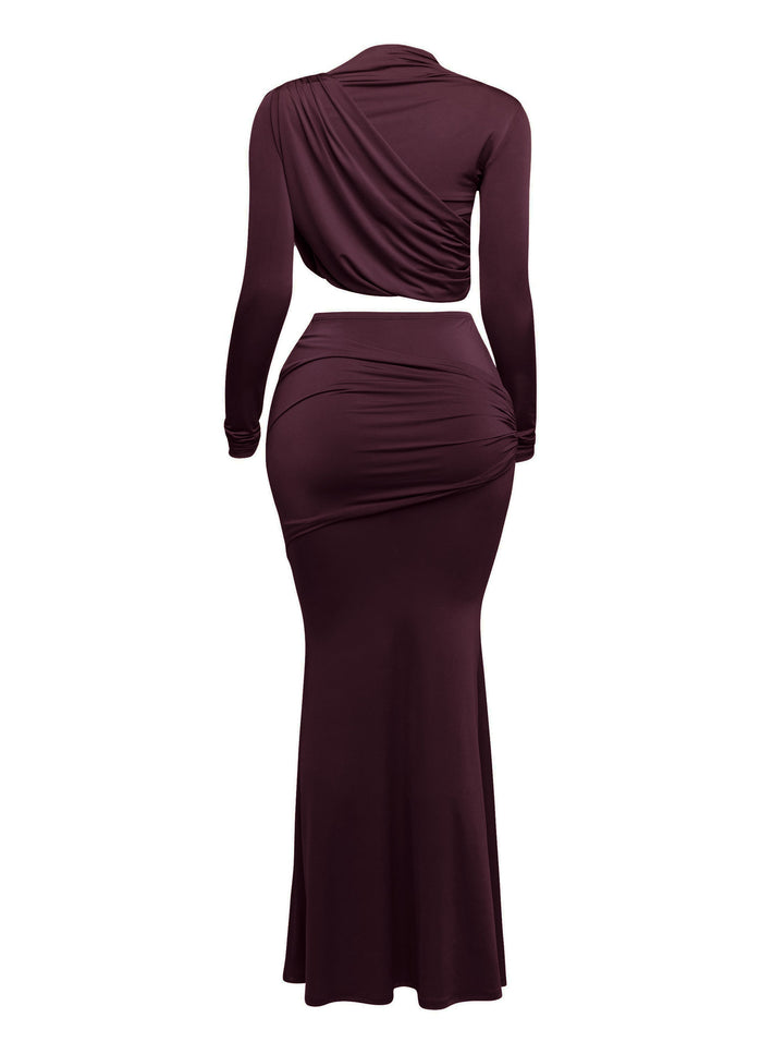 Shirring detailed long sleeve top & long skirt set - Muvin 