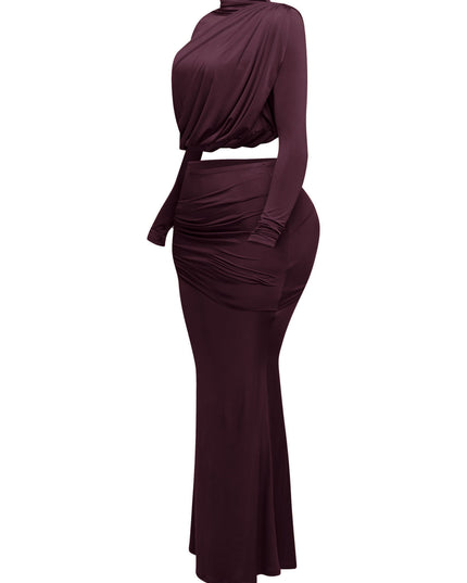 Shirring detailed long sleeve top & long skirt set - Muvin 