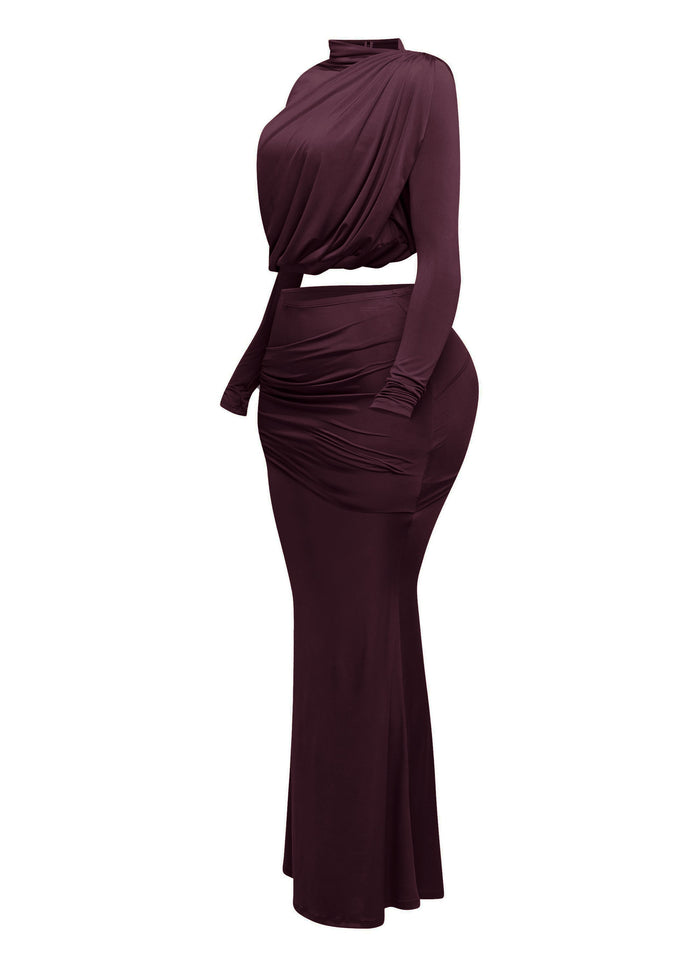Shirring detailed long sleeve top & long skirt set - Muvin 