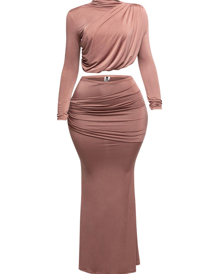 Shirring detailed long sleeve top & long skirt set - Muvin 