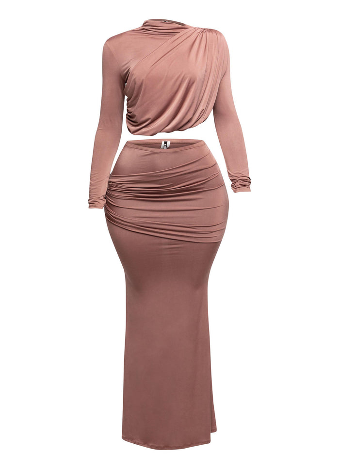 Shirring detailed long sleeve top & long skirt set - Muvin 