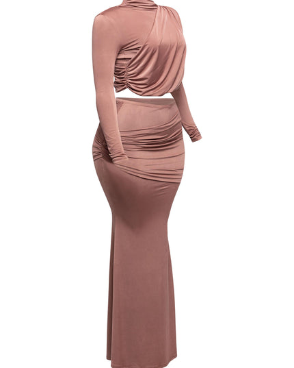 Shirring detailed long sleeve top & long skirt set - Muvin 