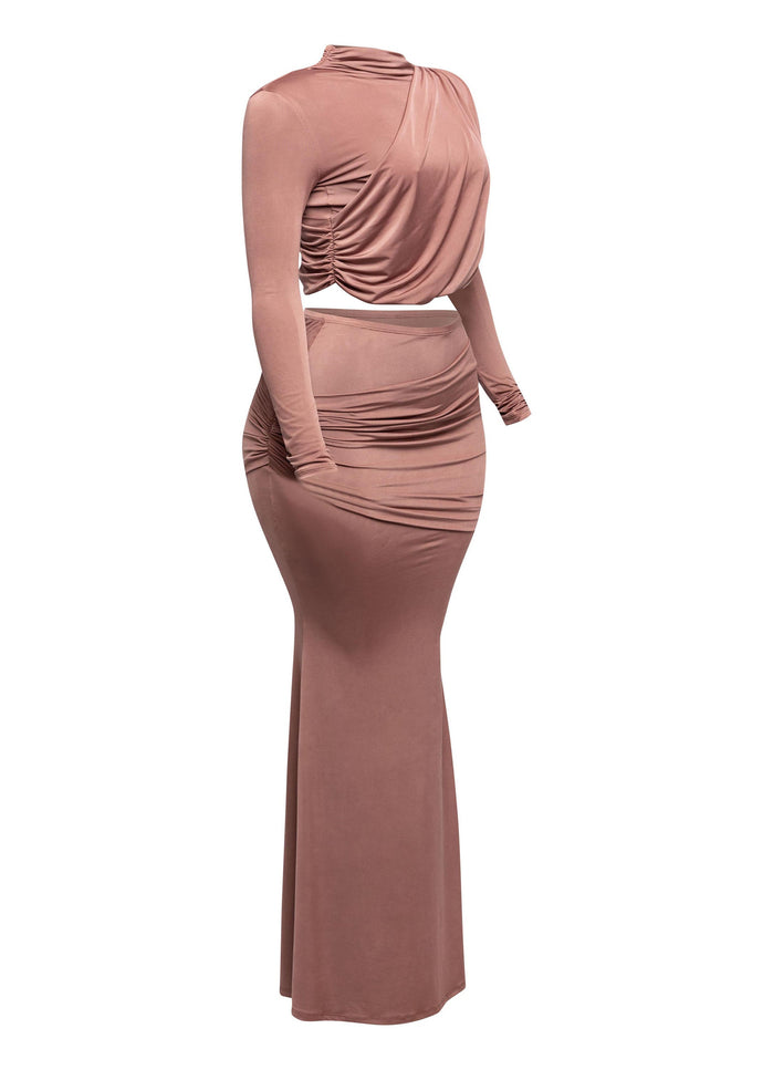 Shirring detailed long sleeve top & long skirt set - Muvin 