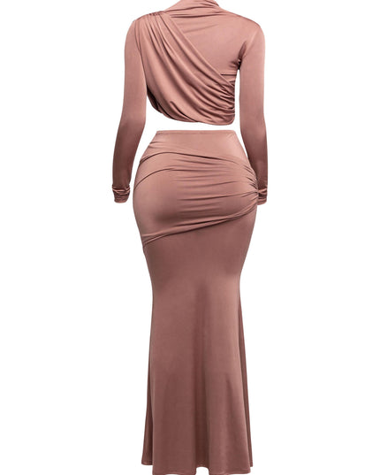 Shirring detailed long sleeve top & long skirt set - Muvin 