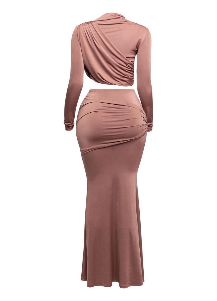 Shirring detailed long sleeve top & long skirt set - Muvin 