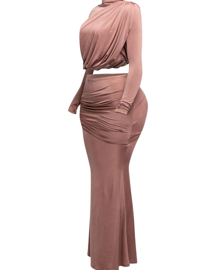 Shirring detailed long sleeve top & long skirt set - Muvin 