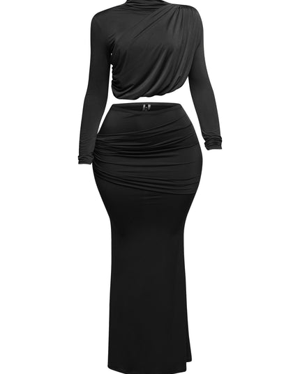 Shirring detailed long sleeve top & long skirt set - Muvin 