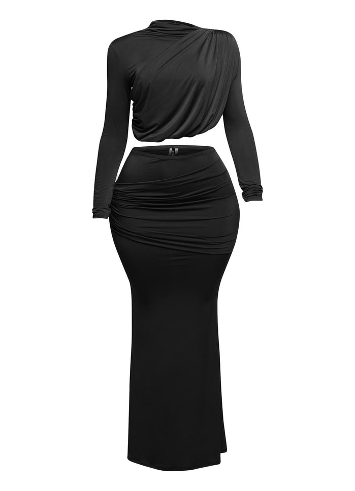 Shirring detailed long sleeve top & long skirt set - Muvin 