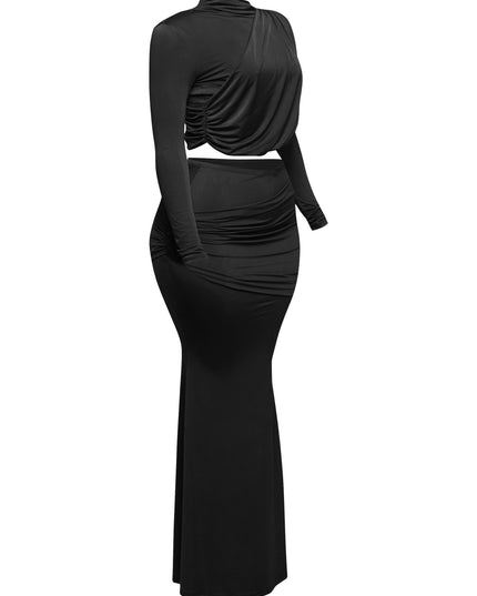 Shirring detailed long sleeve top & long skirt set - Muvin 