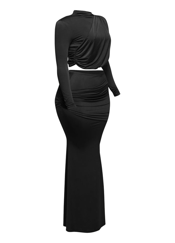 Shirring detailed long sleeve top & long skirt set - Muvin 