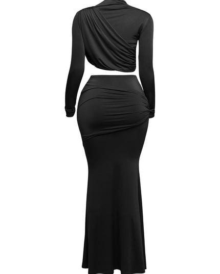 Shirring detailed long sleeve top & long skirt set - Muvin 