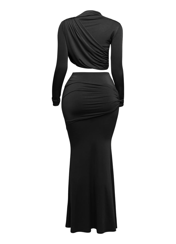 Shirring detailed long sleeve top & long skirt set - Muvin 
