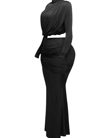 Shirring detailed long sleeve top & long skirt set - Muvin 