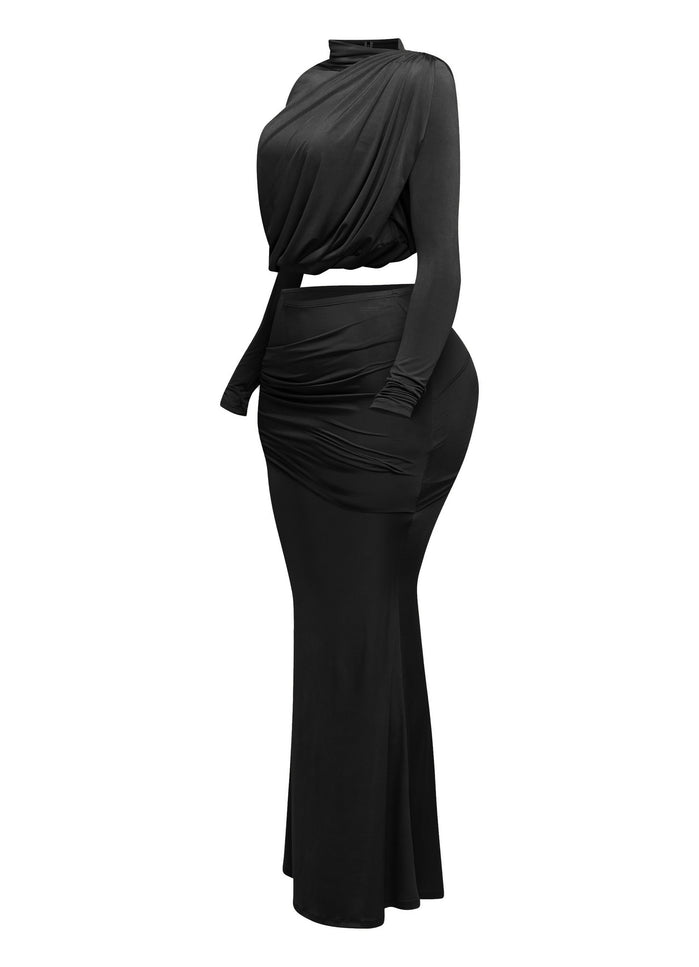 Shirring detailed long sleeve top & long skirt set - Muvin 