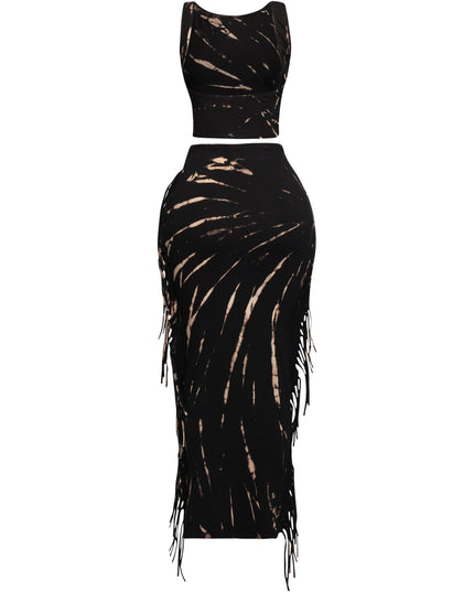 Tie Dye Tank Top and Fringe Skirt Set - Muvin 