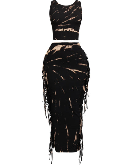 Tie Dye Tank Top and Fringe Skirt Set - Muvin 