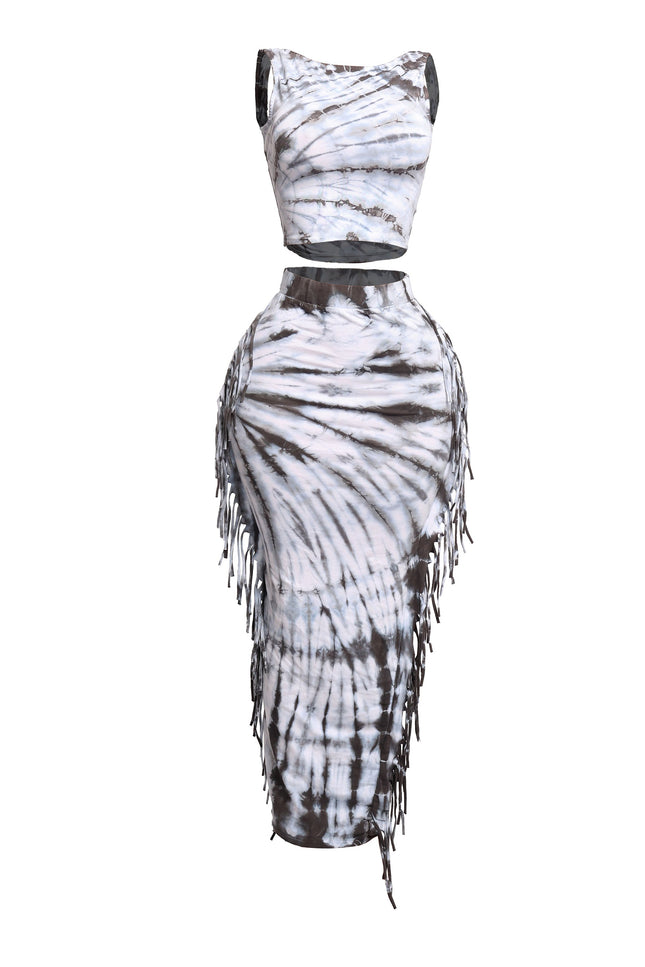 Tie Dye Tank Top and Fringe Skirt Set - Muvin 