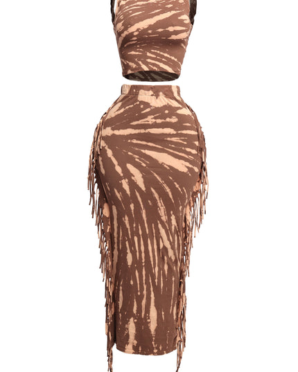 Tie Dye Tank Top and Fringe Skirt Set - Muvin 