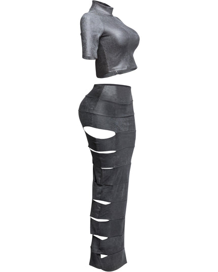 Crop top and laser cut detailed maxi skirt - Muvin 