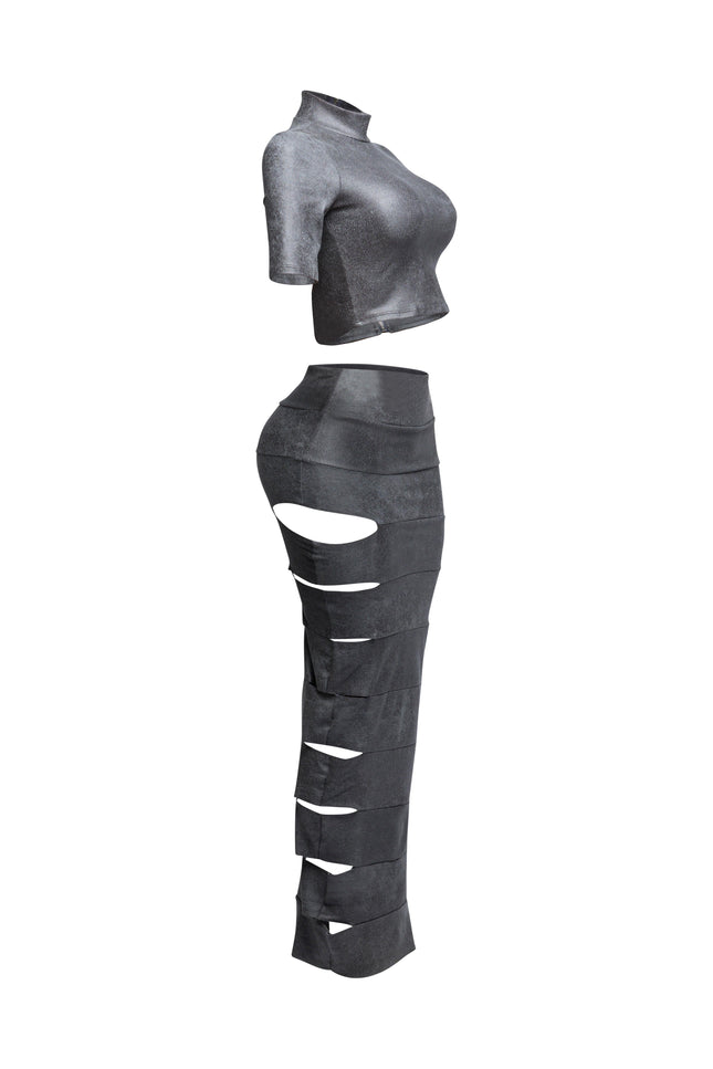 Crop top and laser cut detailed maxi skirt - Muvin 