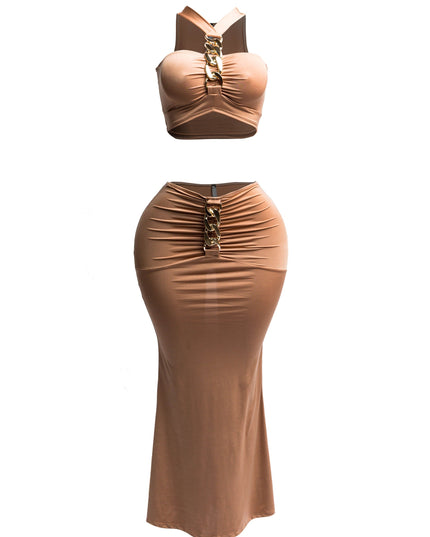 Gold chain trimmed crop top & long skirt set - Muvin 