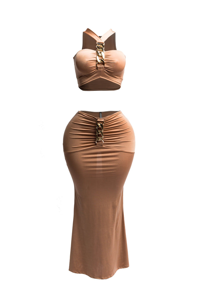Gold chain trimmed crop top & long skirt set - Muvin 