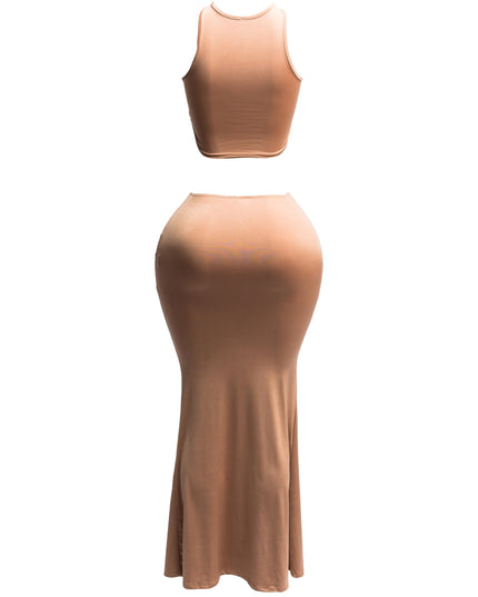 Gold chain trimmed crop top & long skirt set - Muvin 