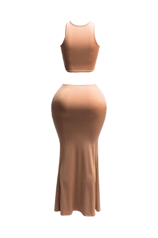 Gold chain trimmed crop top & long skirt set - Muvin 