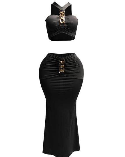 Gold chain trimmed crop top & long skirt set - Muvin 
