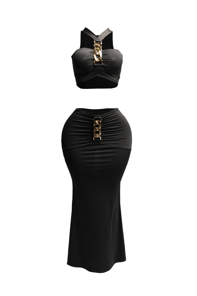 Gold chain trimmed crop top & long skirt set - Muvin 