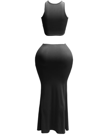 Gold chain trimmed crop top & long skirt set - Muvin 