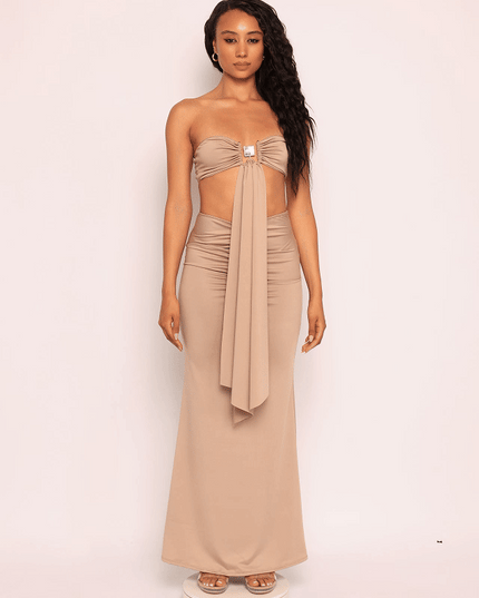 Trimmed front strap drape top & maxi skirt set - Muvin 