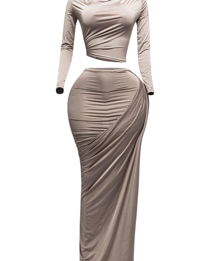 Twisted & slit maxi skirt & long sleeve top top - Muvin 