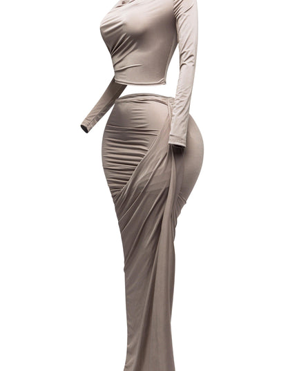 Twisted & slit maxi skirt & long sleeve top top - Muvin 