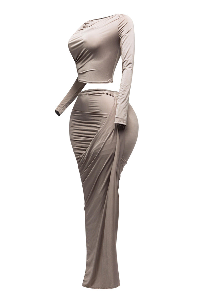 Twisted & slit maxi skirt & long sleeve top top - Muvin 