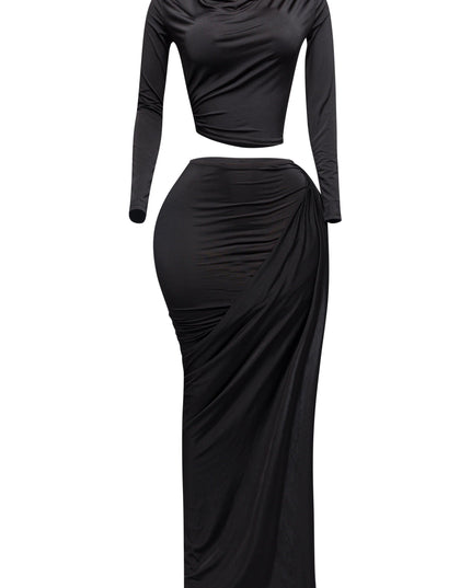 Twisted & slit maxi skirt & long sleeve top top - Muvin 