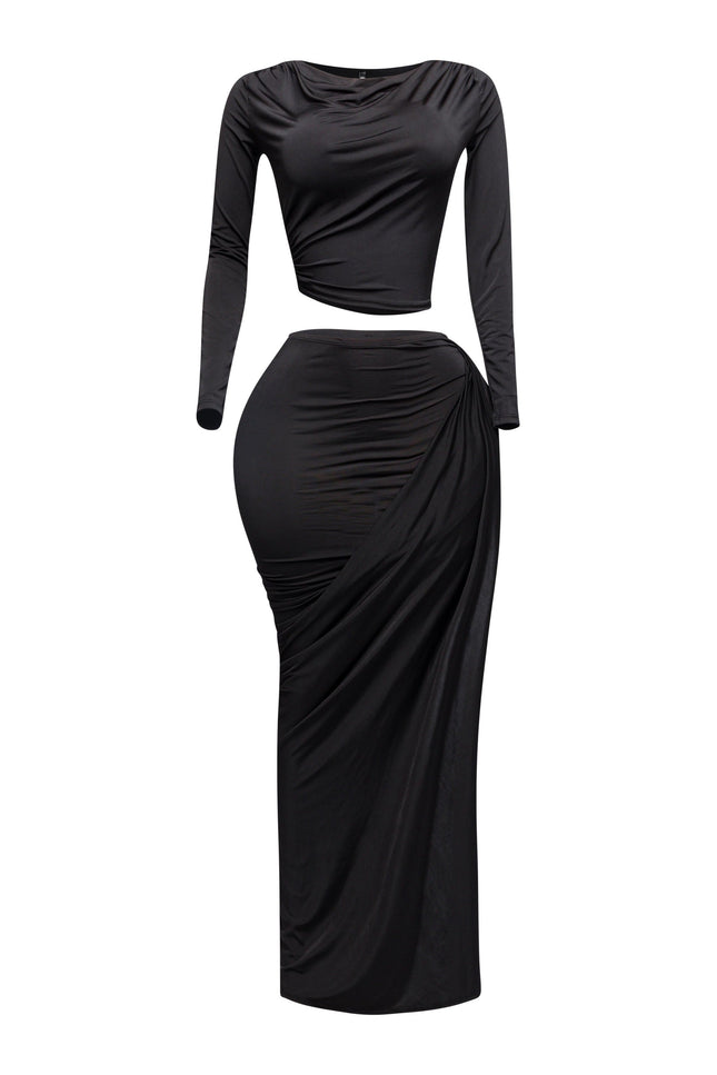 Twisted & slit maxi skirt & long sleeve top top - Muvin 