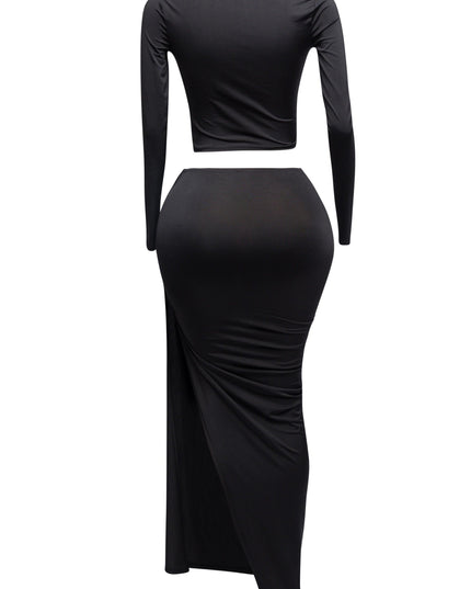 Twisted & slit maxi skirt & long sleeve top top - Muvin 