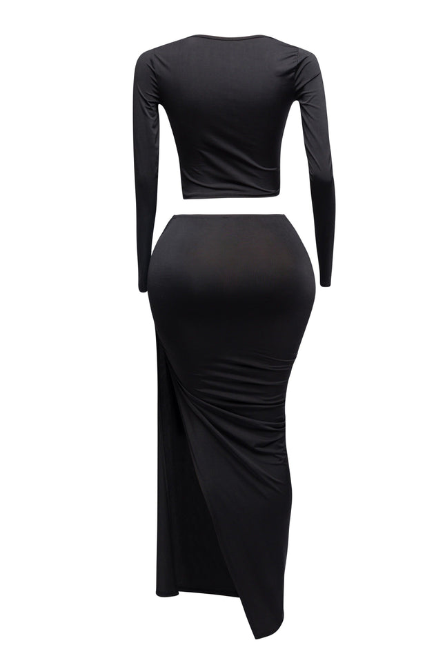 Twisted & slit maxi skirt & long sleeve top top - Muvin 