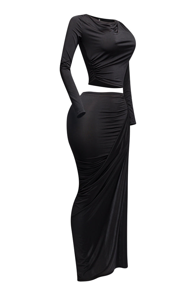 Twisted & slit maxi skirt & long sleeve top top - Muvin 
