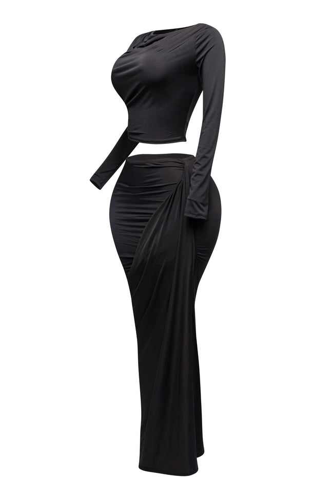 Twisted & slit maxi skirt & long sleeve top top - Muvin 
