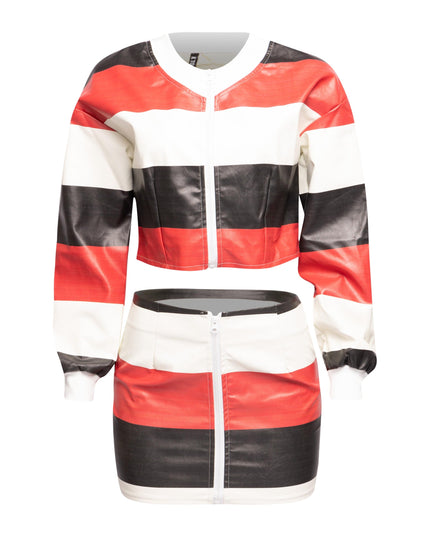 Multi color striped zipper closure jacket & mini skirt set - Muvin 