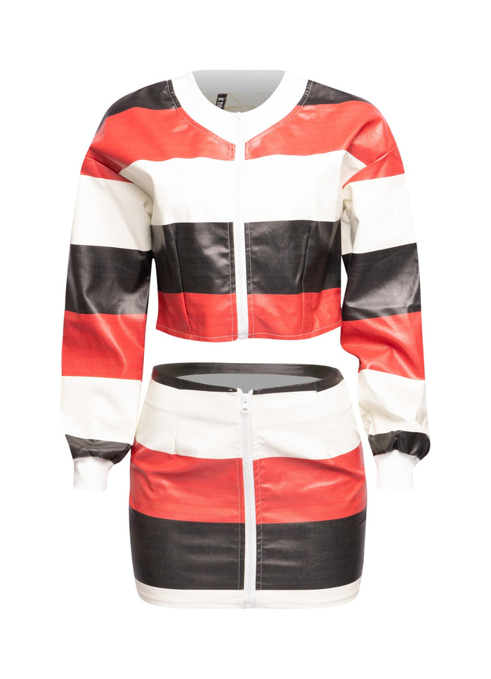 Multi color striped zipper closure jacket & mini skirt set - Muvin 