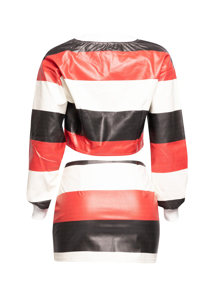 Multi color striped zipper closure jacket & mini skirt set - Muvin 