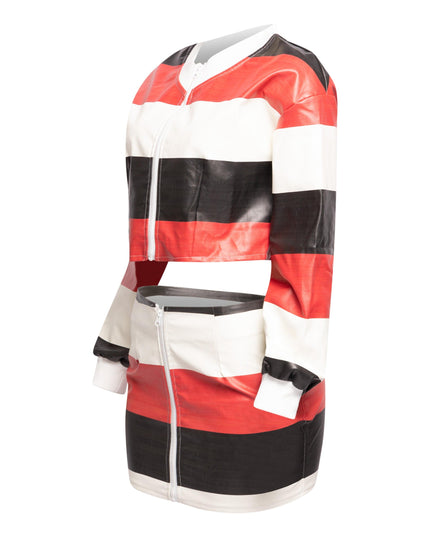 Multi color striped zipper closure jacket & mini skirt set - Muvin 